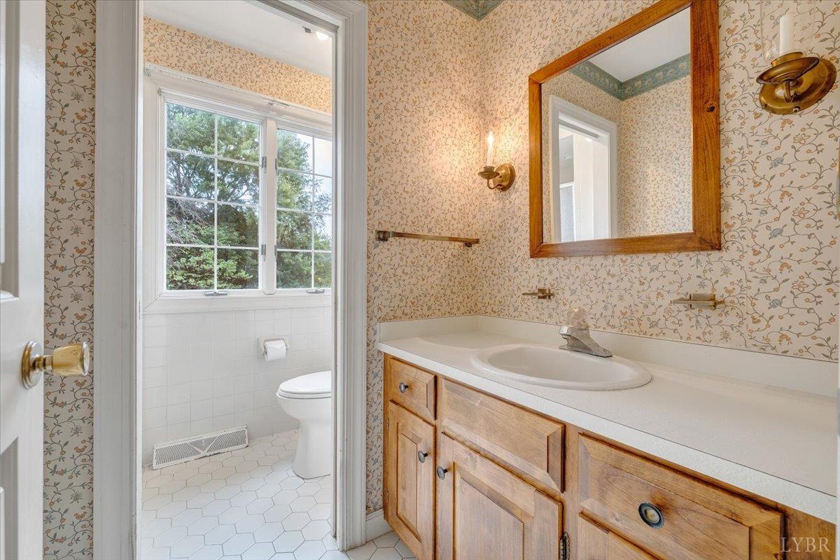 105 North Branch Road Bedford, VA 24523 - Photo 30 of 80 a bathroom with a granite countertop sink a toilet and a mirror