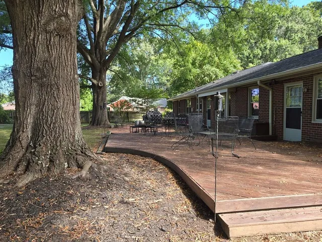 a view of a backyard with a large tree