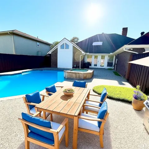 a view of a house with a backyard and a fountain