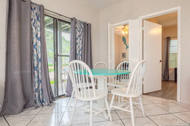 a view of a dining room with furniture window and outside view