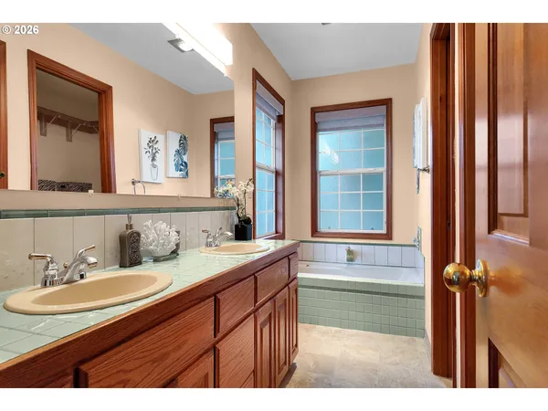a bathroom with a sink double vanity mirror and a bathtub