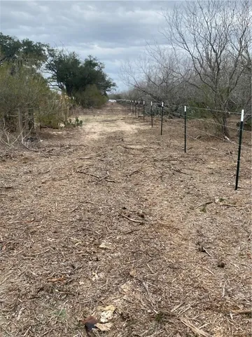 a view of a yard with wooden fence