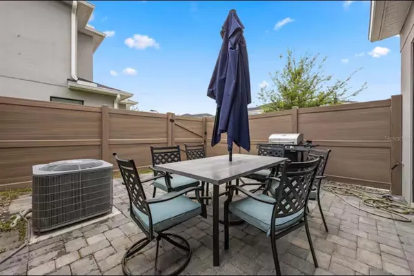 a view of a chairs and table in patio