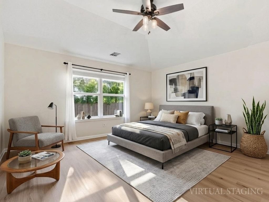 1201 Ridgewood Drive Leander, TX 78641 - Photo 13 of 28 Bedroom featuring light wood-type flooring, ceiling fan, and vaulted ceiling