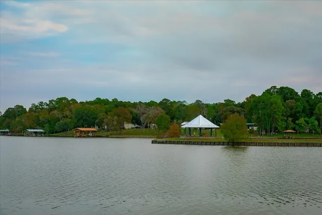 a view of a lake with houses in background