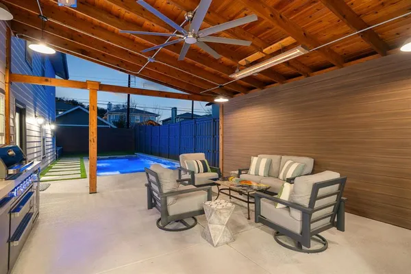 a building outdoor space with patio furniture