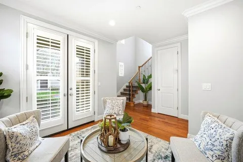 a living room with furniture and a potted plant