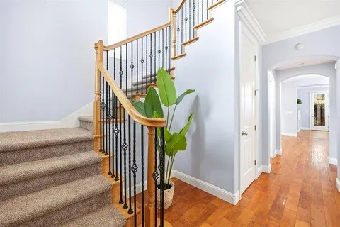 a view of staircase with wooden floor and a rug