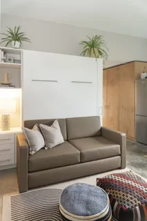 a living room with furniture and a potted plant