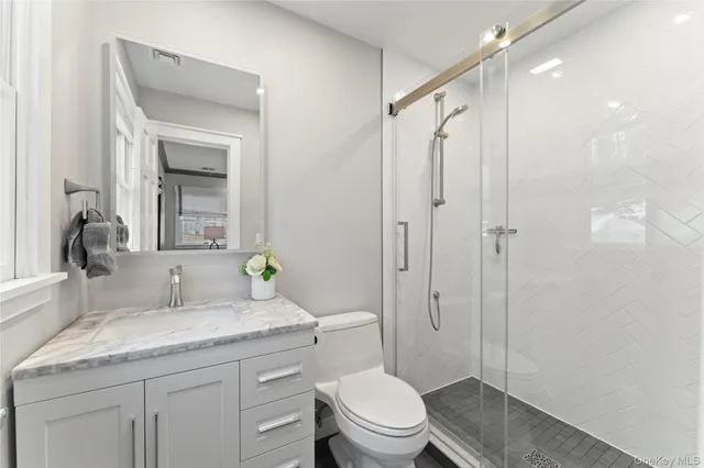 a bathroom with a granite countertop sink toilet and shower