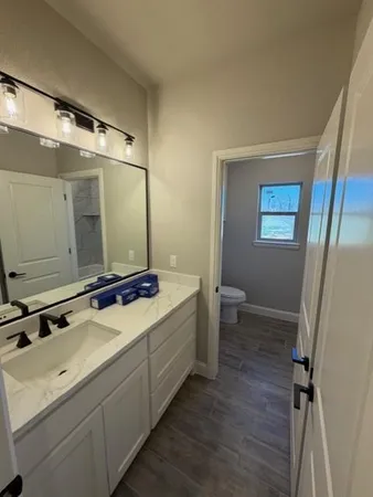 a bathroom with a double vanity sink mirror and toilet