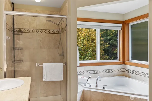 a bathroom with a shower and bathtub