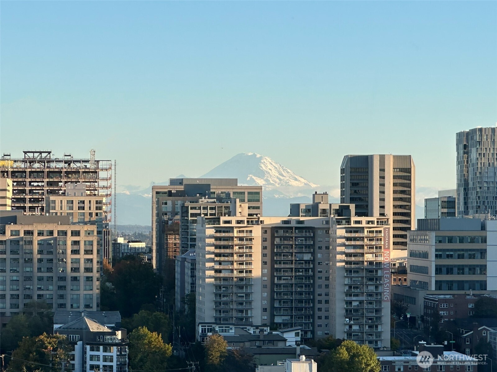 a city view with tall buildings