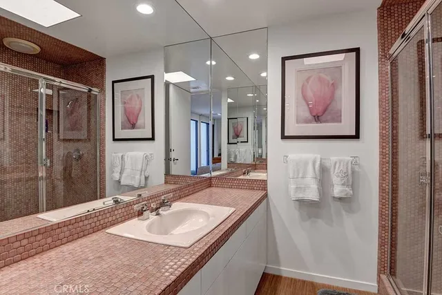 a view of a park with large trees