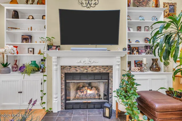 a living room with furniture a fireplace and a potted plant