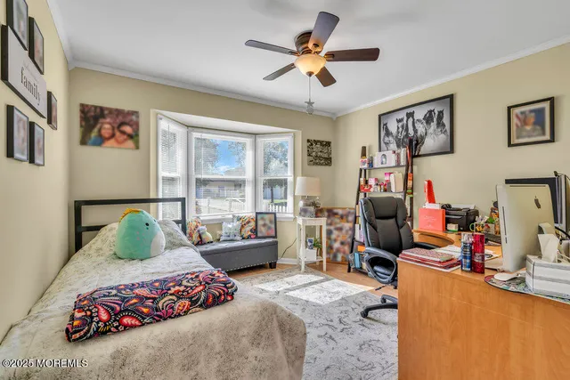 a view of a livingroom with shelves