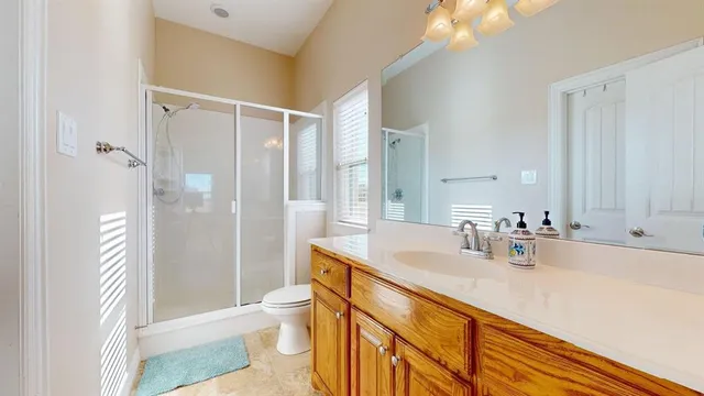 a bathroom with a sink a toilet and shower