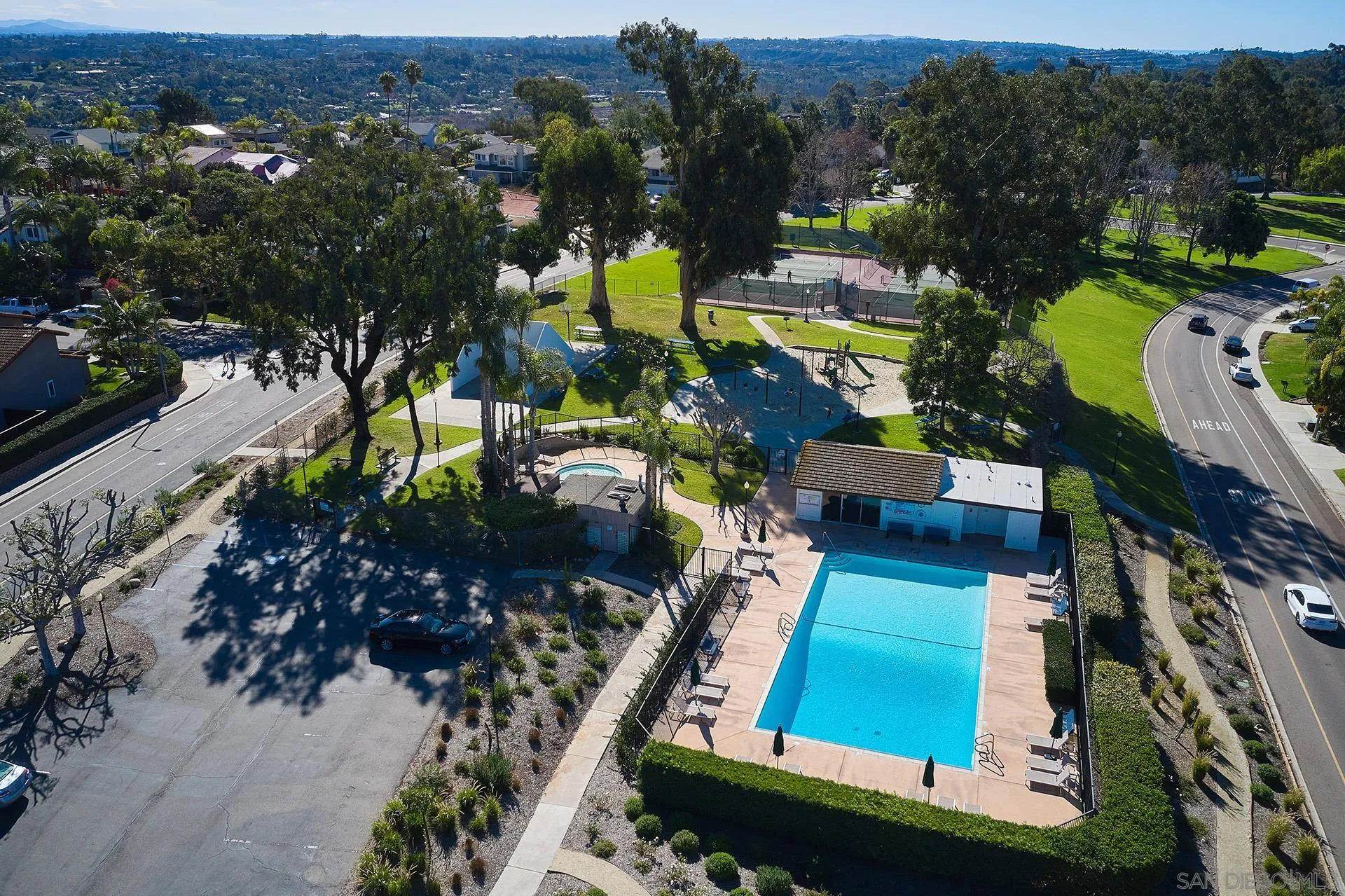 138 Townwood Way Encinitas, CA 92024 - Photo 34 of 48 an aerial view of a house with a garden and swimming pool