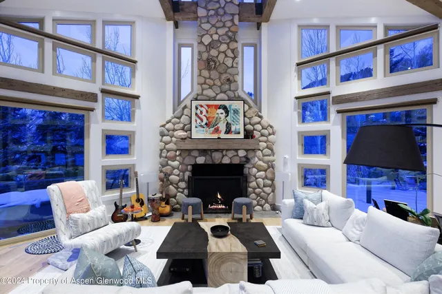 a living room with furniture a fireplace and a potted plant