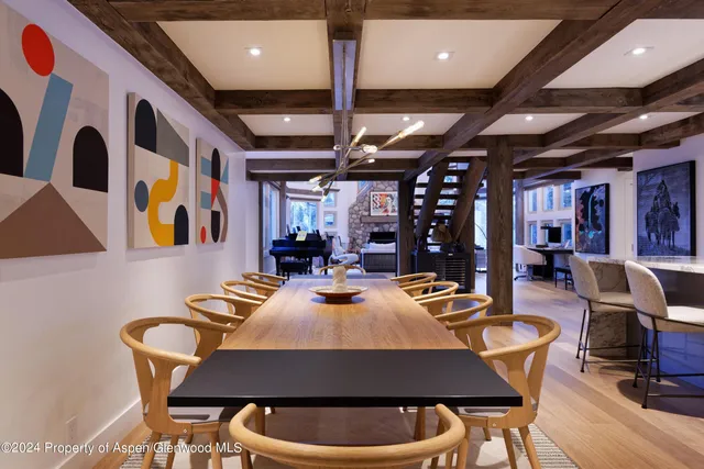 a view of a dining room with furniture