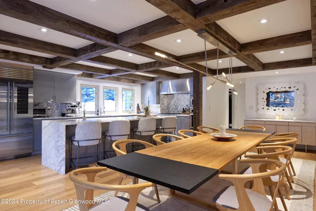 a view of a dining room with furniture