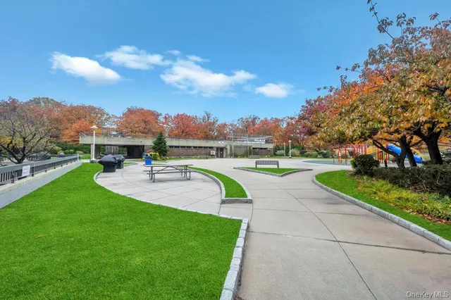 a view of a garden with a slide