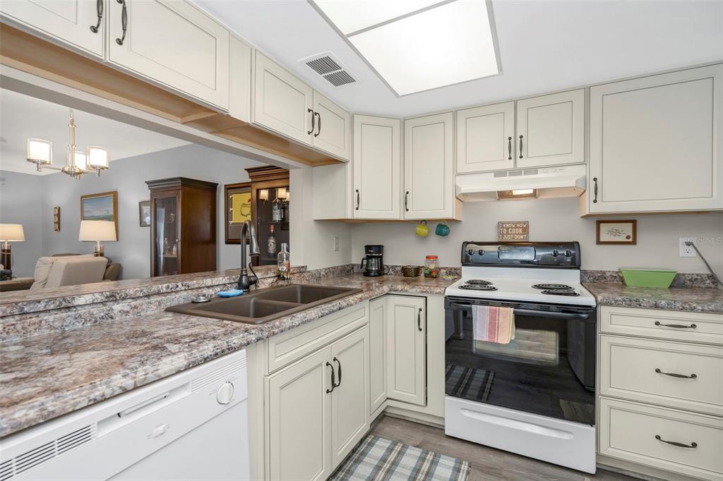 9617 Brassie Court New Port Richey, FL 34655 - Photo 4 of 41 a kitchen with granite countertop a sink stove and cabinets