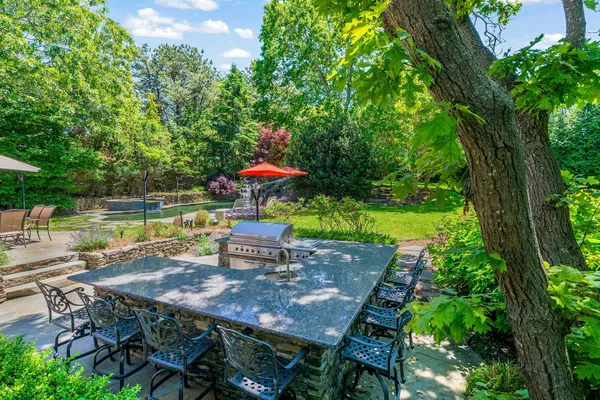 an outdoor space with furniture and garden