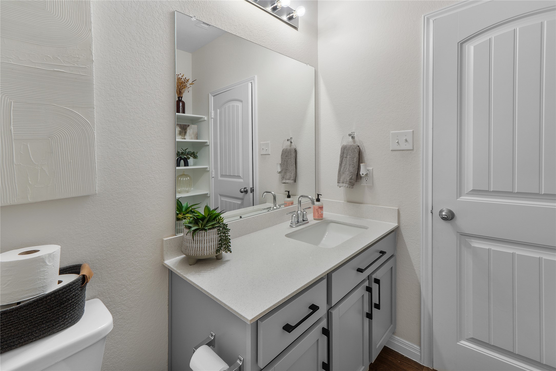 217 Evergreen Sumac Loop Kyle, TX 78640 - Photo 19 of 20 A well-lit bathroom features a single vanity with stone counters and an expansive mirror.