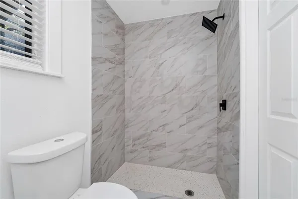 a bathroom with a toilet and a shower