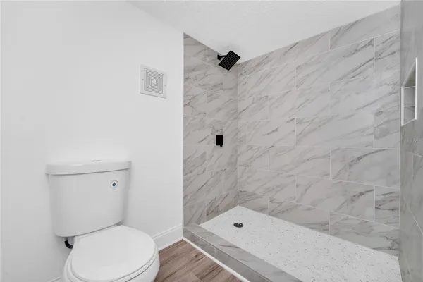 a bathroom with a shower and toilet