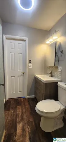 a bathroom with a sink a toilet a mirror and vanity