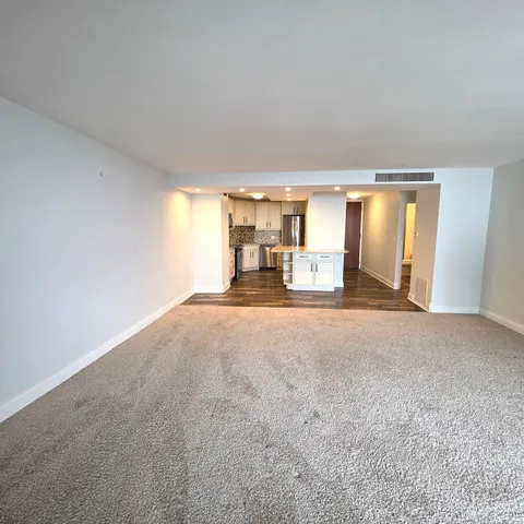 a big room with closet and a large window