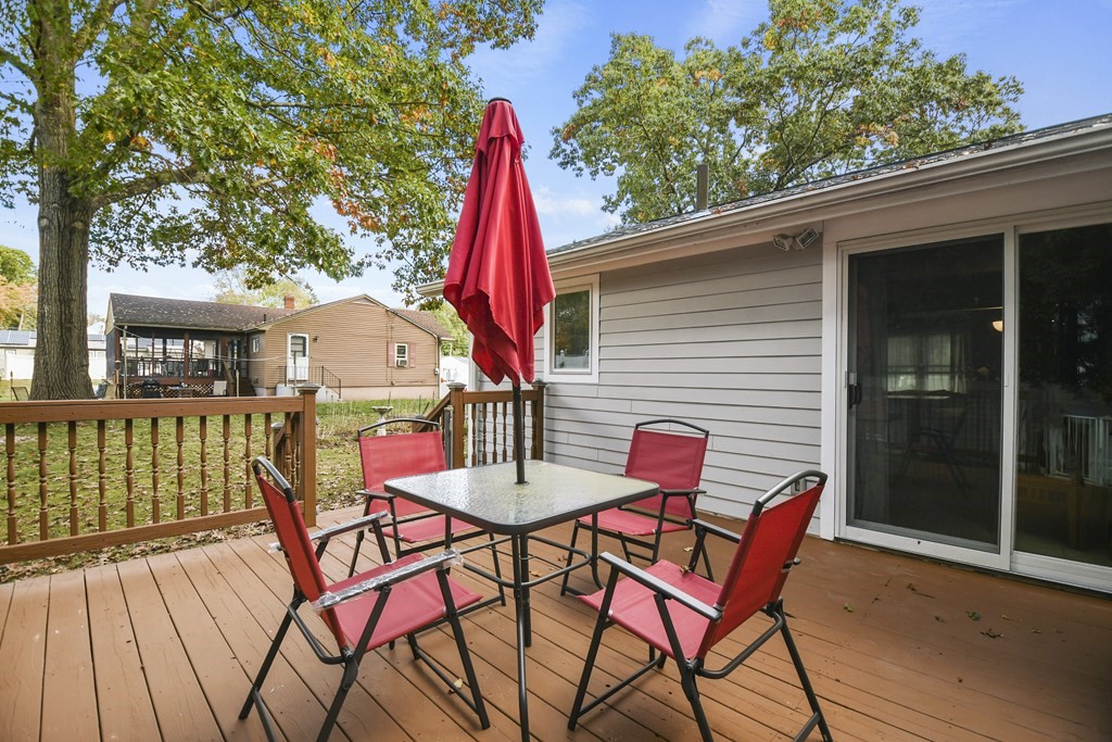 26 Westwood Road Webster, MA 01570 - Photo 28 of 30 a view of a patio with table and chairs and wooden floor