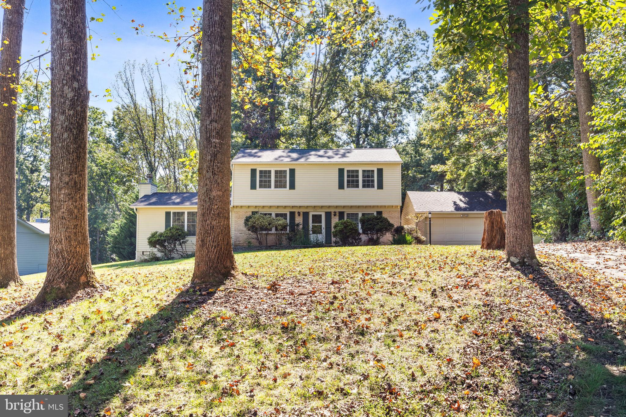 Charming home nestled among tall trees.