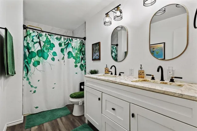 a bathroom with a granite countertop toilet sink and mirror