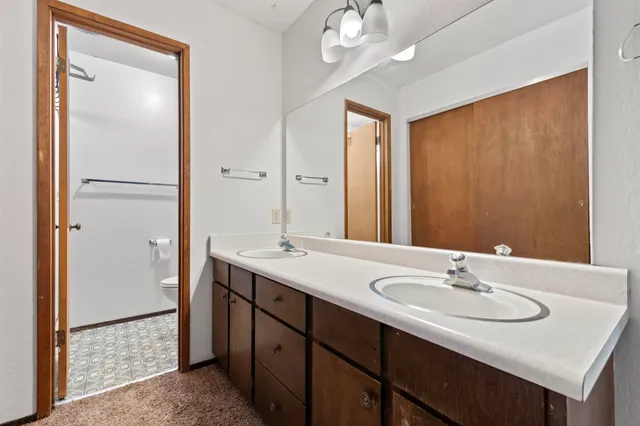 a bathroom with a sink double vanity and a mirror