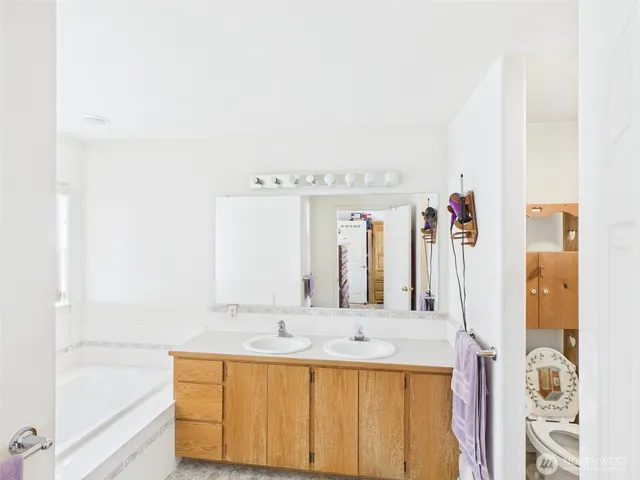a bathroom with a tub sink and mirror