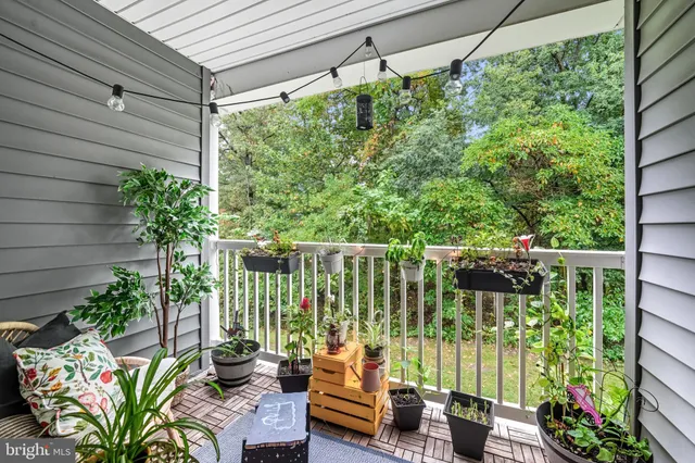 a garden view with a seating space