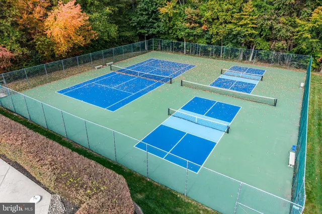 a view of a tennis ground with large trees