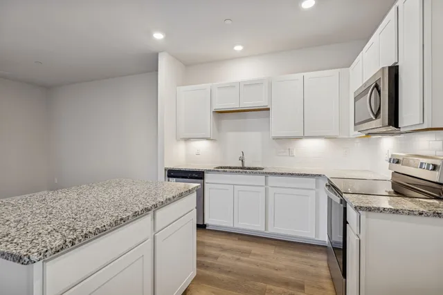 a kitchen with granite countertop white cabinets and a stainless steel appliances