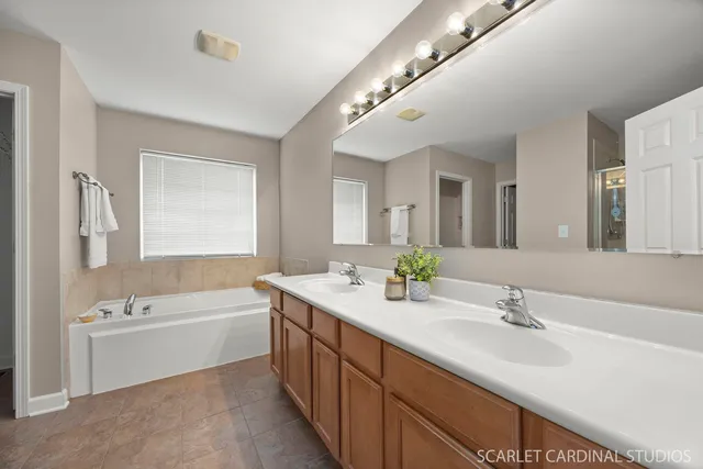 a bathroom with a double vanity sink a mirror and a bathtub