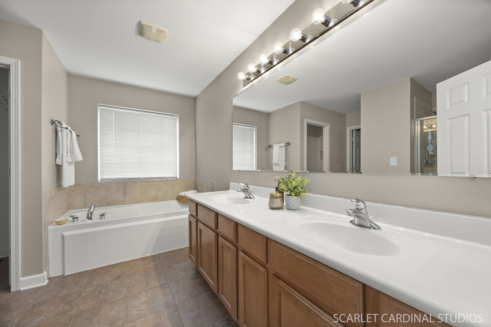 13905 Trillium Lane Plainfield, IL 60544 - Photo 23 of 30 a bathroom with a double vanity sink a mirror and a bathtub