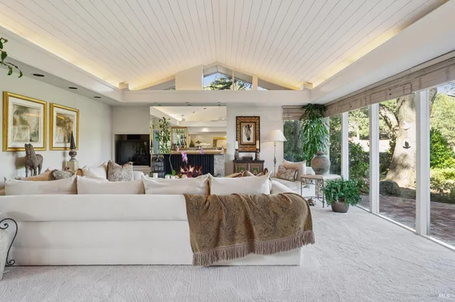 a living room with furniture potted plant and a large window
