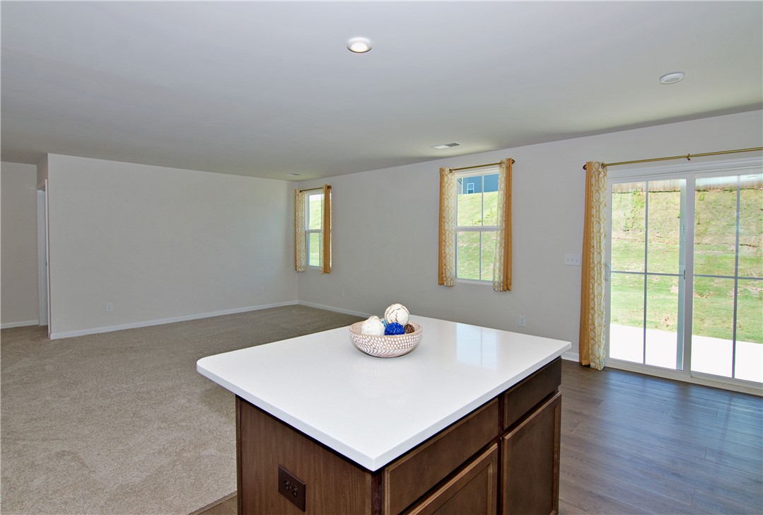 723 Peridot Way Westminster, SC 29693 - Photo 12 of 45 A central kitchen island offers versatile space within an open living area, featuring outdoor views through sliding glass doors.