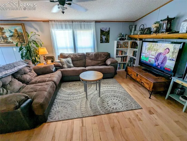 a living room with furniture and a dining table with wooden floor