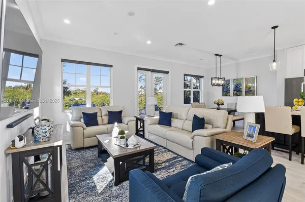 a view of a dining room with furniture wooden floor and chandelier