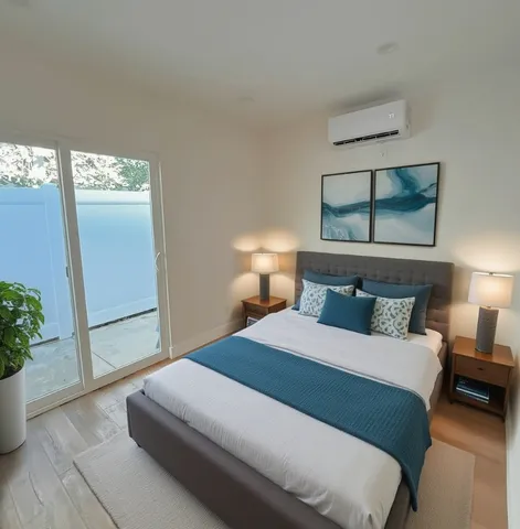 a bedroom with a bed and a window