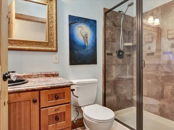 a bathroom with a granite countertop sink toilet and shower