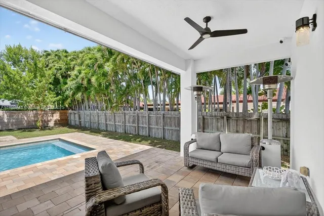 a view of house with yard and swimming pool
